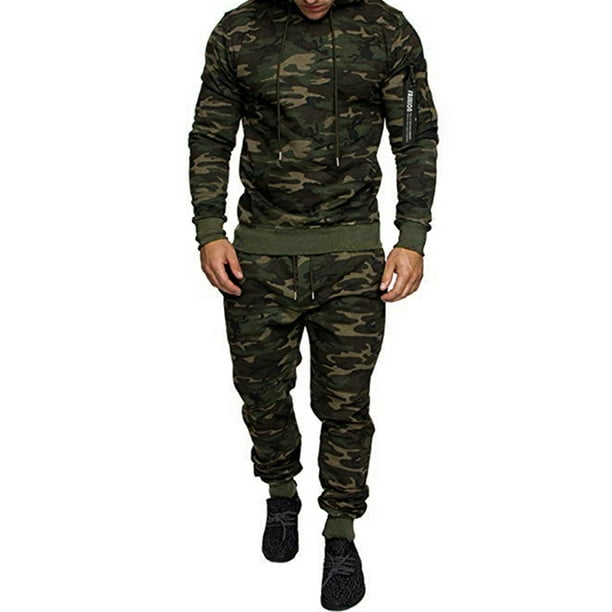 Mens Army Camouflage Fleece Tracksuit Hoodie Zipper Joggers Two Piece Loungewear